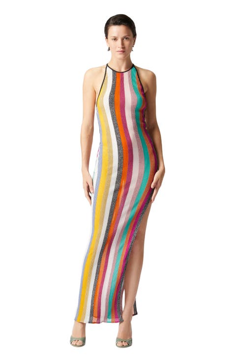 新品タグ付き MISSONI 赤白ストライプ ノースリーブ 42 Long patchwork dress with zig zag pattern and crossed straps