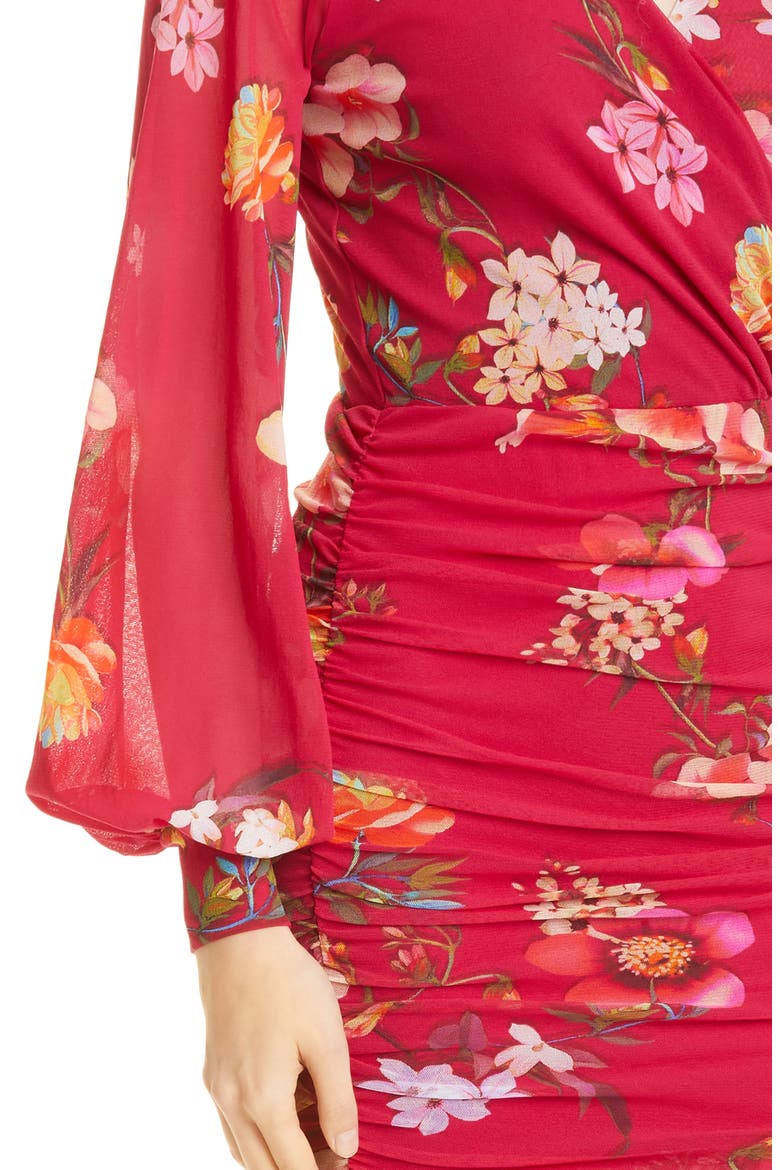 Ruched Floral Print Long Sleeve Faux Wrap Dress, Alternate, color, PORPORA