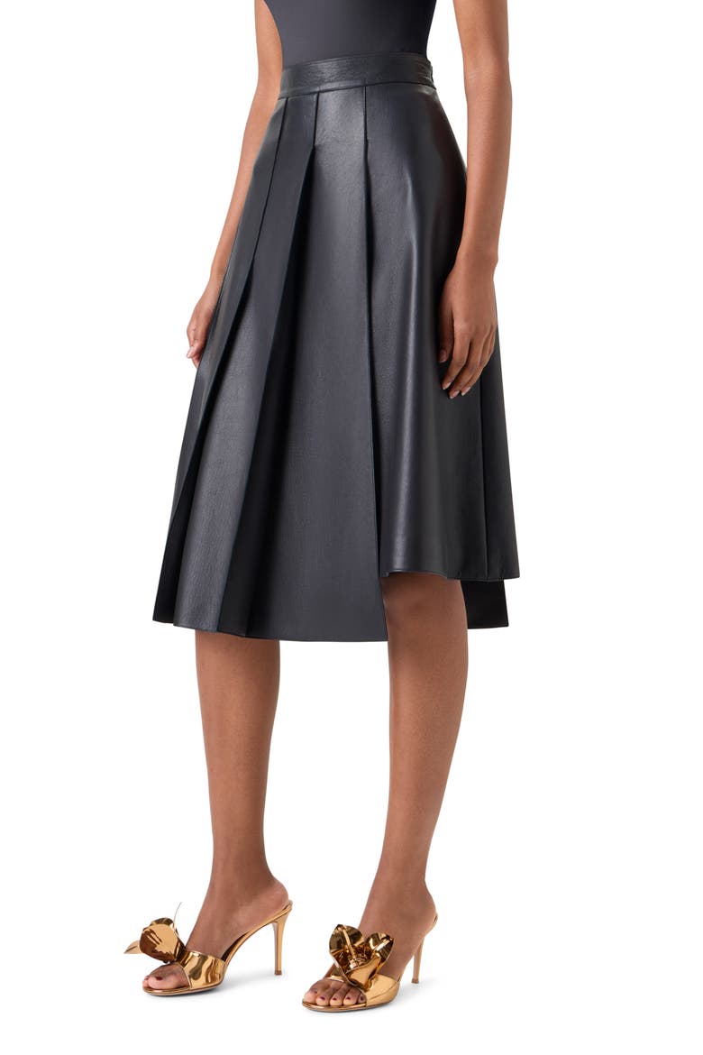 Pleated Asymmetrical Lambskin Leather A-Line Midi Skirt, Alternate, color, BLACK