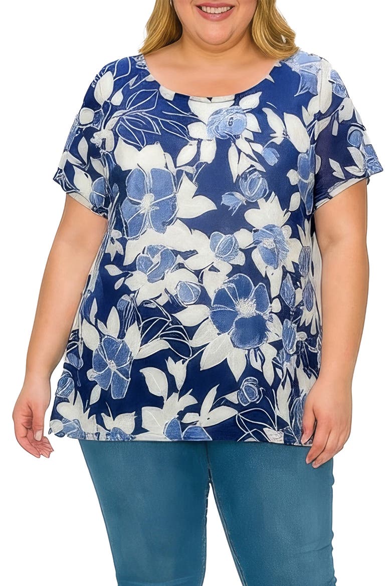 Textured Floral Print Top, Main, color, NAVY