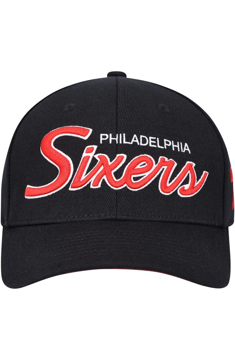 Mitchell & Ness Men's Mitchell & Ness Black Philadelphia 76ers MVP Team Script 2.0 Stretch-Snapback Hat, Alternate, color, Black