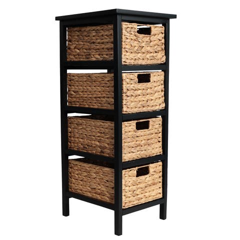 Cohen Coastal Bohemian Handcrafted Acacia Wood 4-Tier Storage Cabinet with 4 Water Hyacinth Woven Baskets