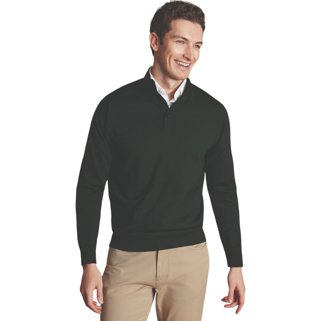 Charles Tyrwhitt Pure Merino Button Neck Sweater In Forest Green