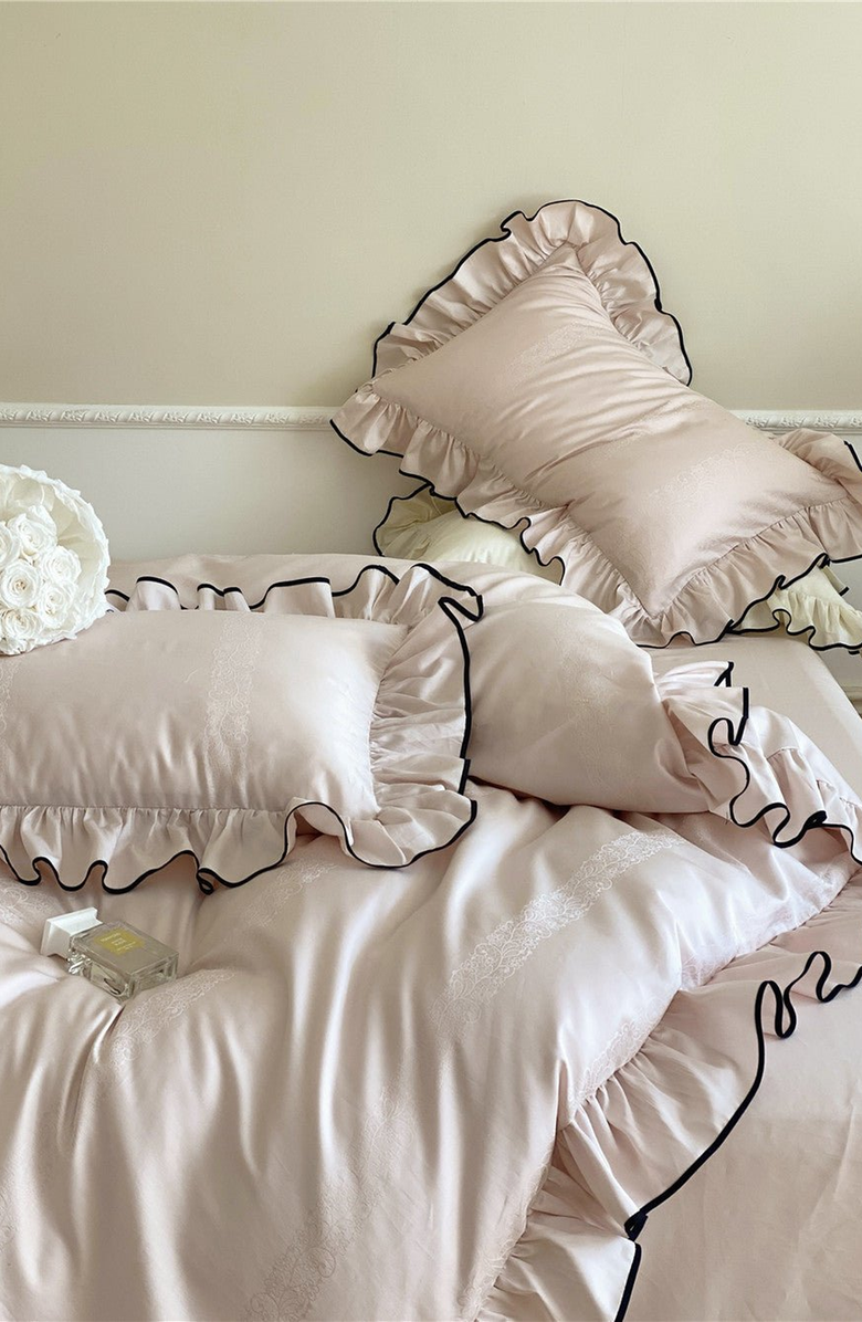 Ever Lasting Silky Ruffle Bedding Set, Alternate, color, Rust Pink, Flat