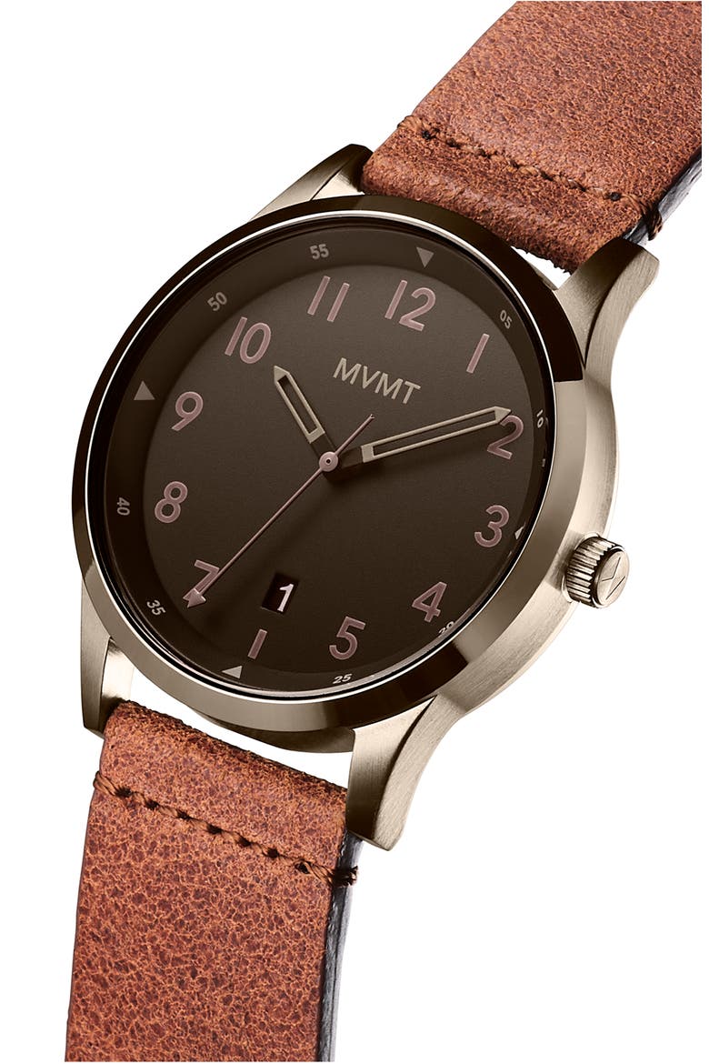 MVMT Field Nomad Leather Strap Watch, 41mm, Alternate, color, BROWN/ COFFEE/ BEIGE GOLD