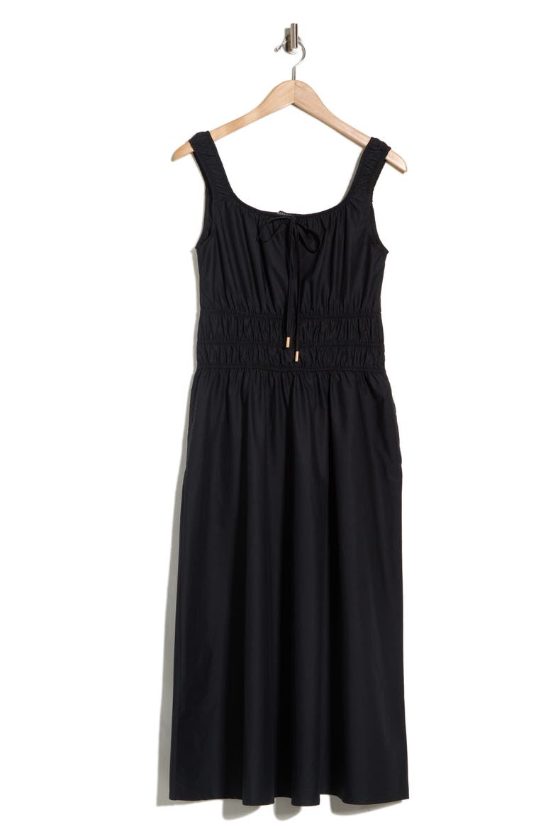 Cotton Square Neck Smocked Waist Midi Dress, Main, color, BLACK