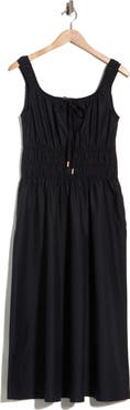 BADGLEY MISCHKA Cotton Square Neck Smocked Waist Midi Dress