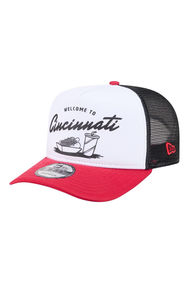 Men's New Era  White/Red Cincinnati Reds Foodie A-Frame 9FIFTY Trucker Snapback Hat, Alternate, color, White