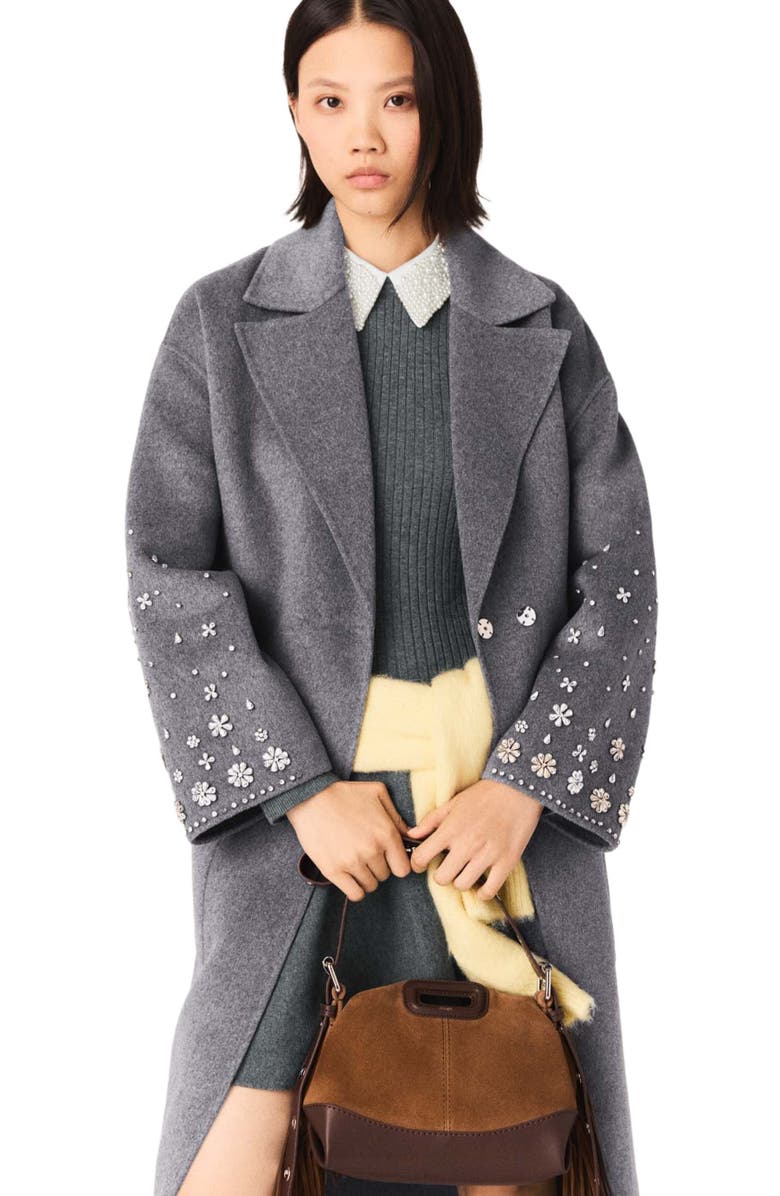 maje Long double-faced rhinestone coat, Alternate, color, Grey