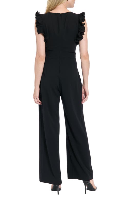 London Times Ruffle Cap Sleeve Mixed Media Jumpsuit In Black