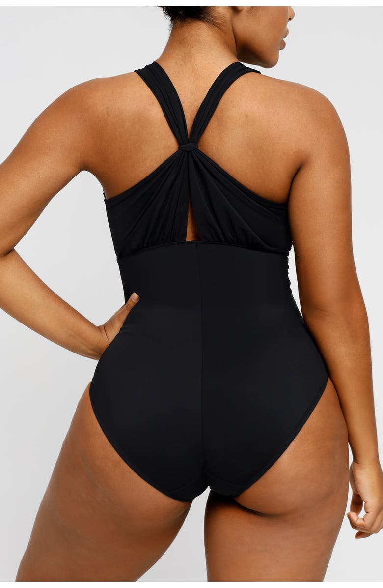 Shapellx Plunge Ruched Twist-Front One Piece Swimsuit, Alternate, color, Jet Black