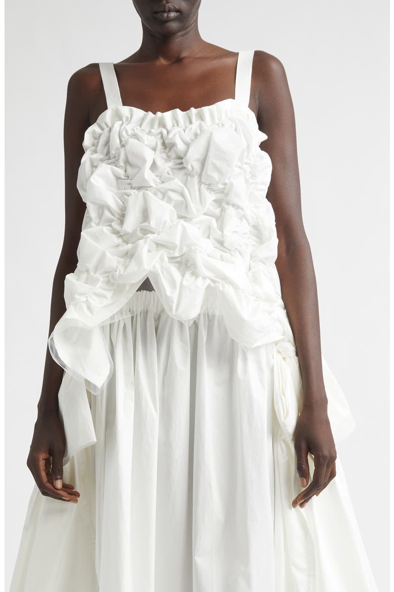 Gathered Tumbled Cotton & Tulle Corset Top, Main, color, WHITE