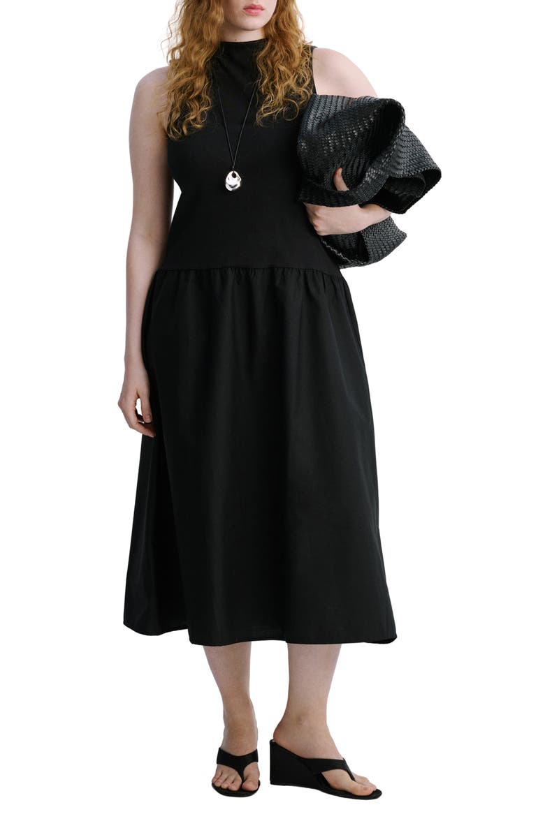 MANGO Mixed Media Stretch Cotton Midi Dress, Main, color, 