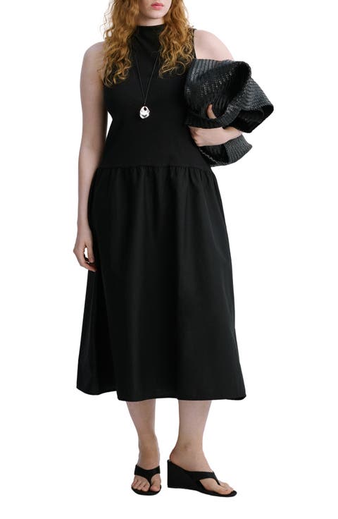 Mixed Media Stretch Cotton Midi Dress