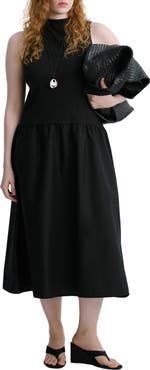 MANGO Mixed Media Stretch Cotton Midi Dress