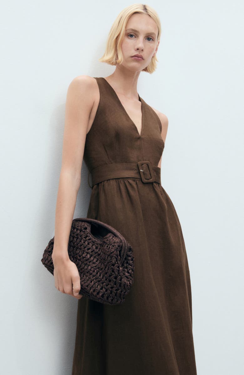 MANGO Sleeveless Belted Linen Midi Dress, Alternate, color, 
