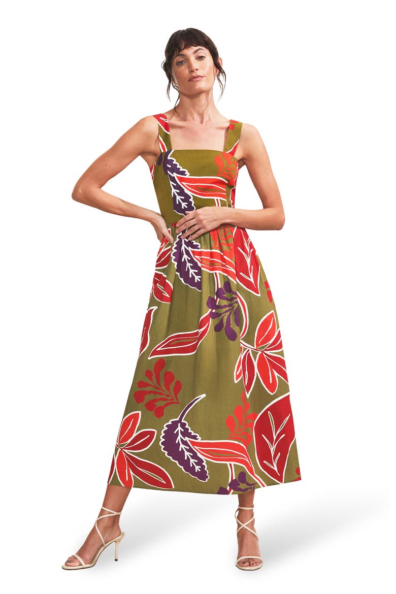 Leaf Printed Cotton Dress, Main, color, Green