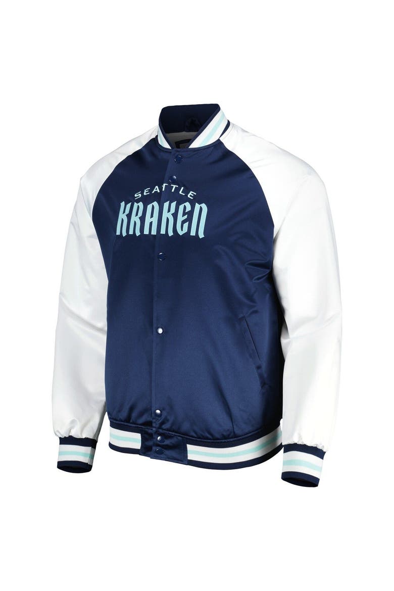 Men's Mitchell & Ness Deep Sea Blue/White Seattle Kraken Primetime Raglan Satin Full-Snap Jacket, Alternate, color, Navy