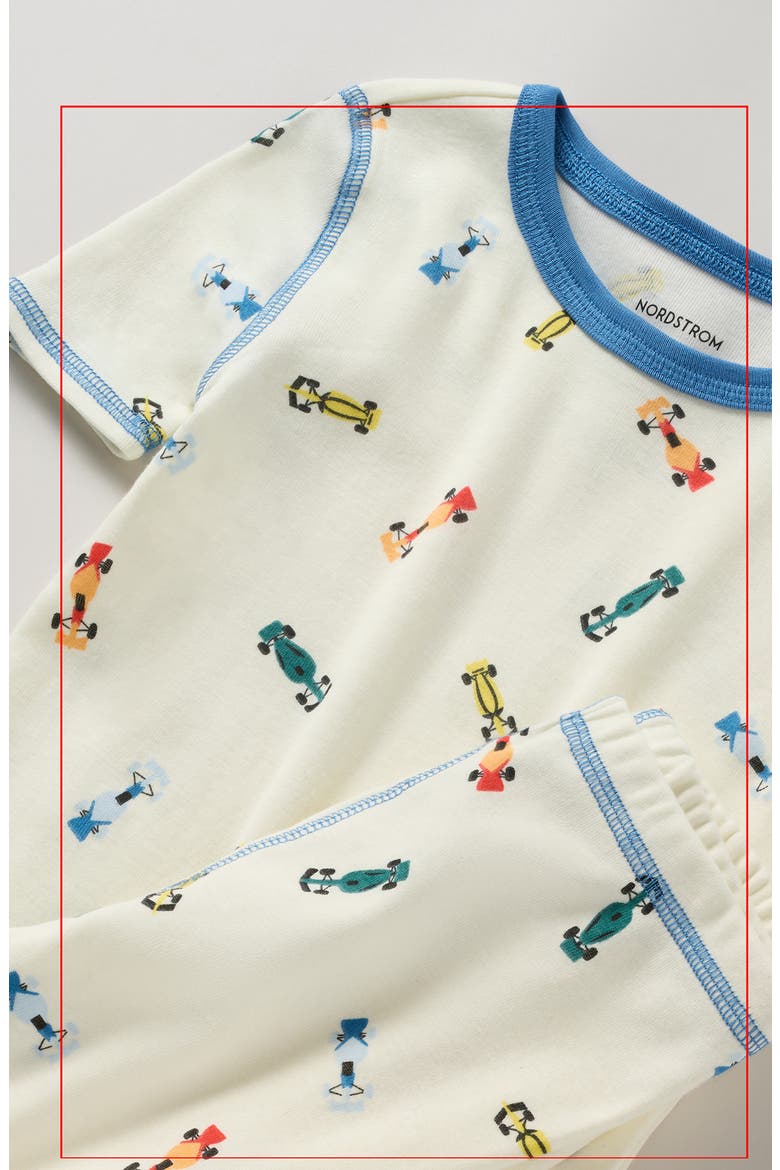 Kids' Glow in the Dark Fitted Two-Piece Short Pajamas, Alternate, color, IVORY DEEP WATER CARS