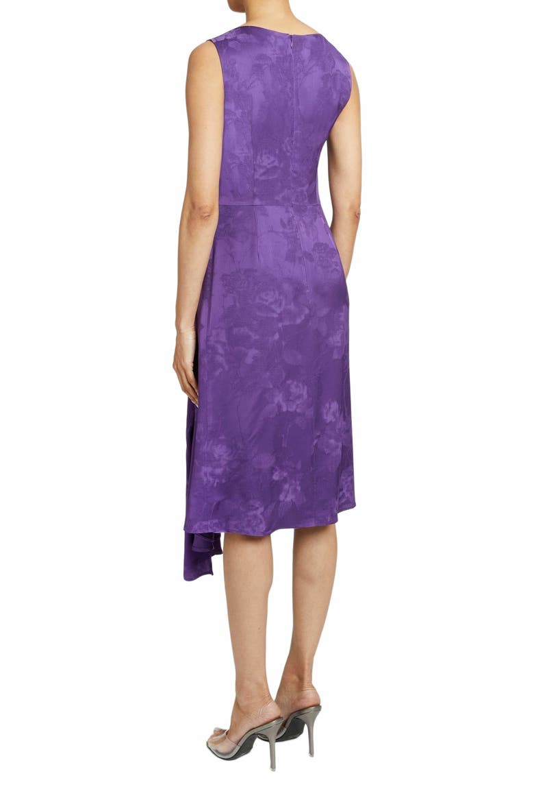 NICA Sleeveless Dress with Side Ruffle in Tonal Satin Jacquard, Alternate, color, COOL PURPLE