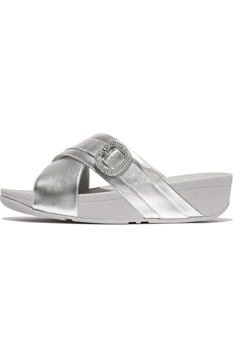 FitFlop Lulu Crystal Buckle Metallic Leather Slide Sandal, Alternate, color, Silver