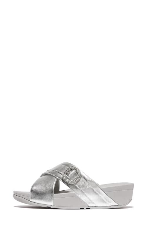 Fitflop Lulu Crystal Buckle Metallic Leather Slide Sandal In Silver