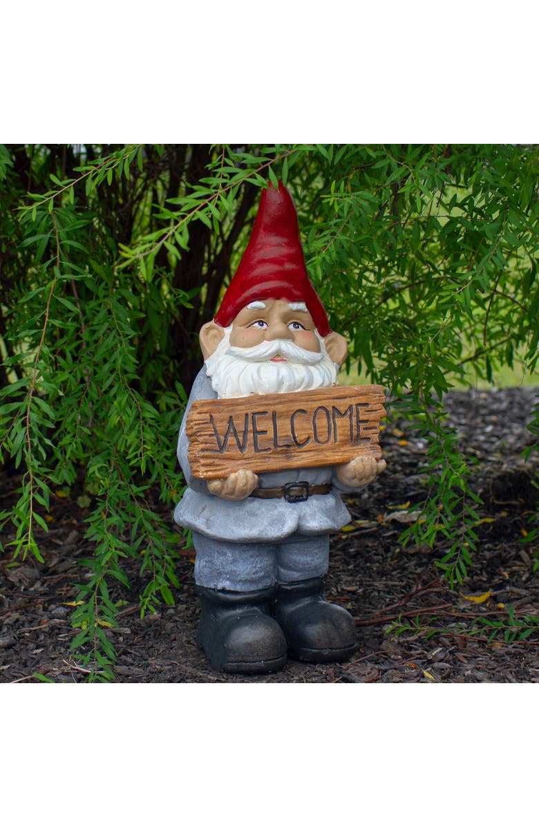 Northlight 17" Gnome with Welcome Sign Outdoor Garden Statue, Alternate, color, Red