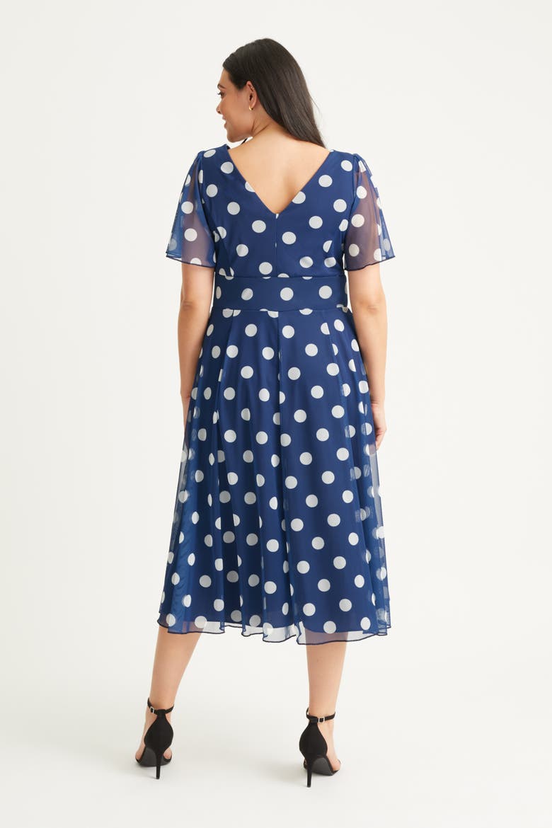Victoria Spot Angel Sleeve Midi Dress, Alternate, color, Navy Spot