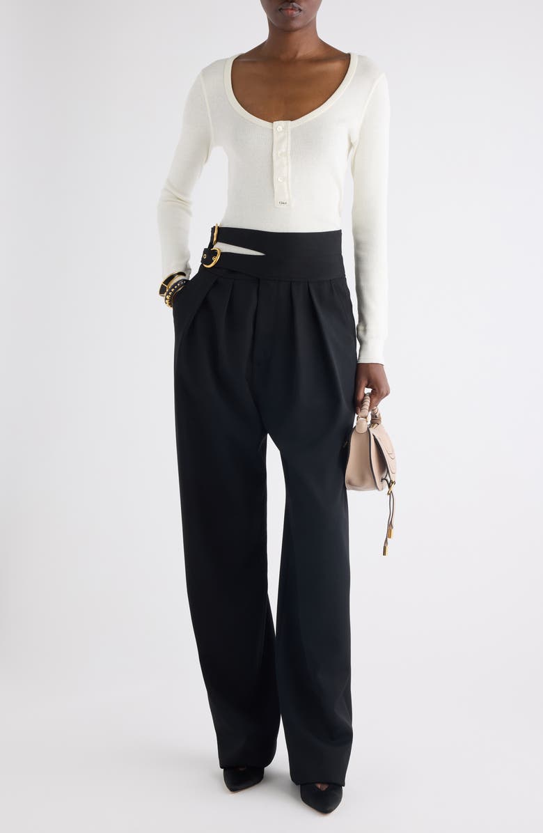 Chloé Buckle Keyhole High Waist Wool Straight Leg Pants, Alternate, color, Black