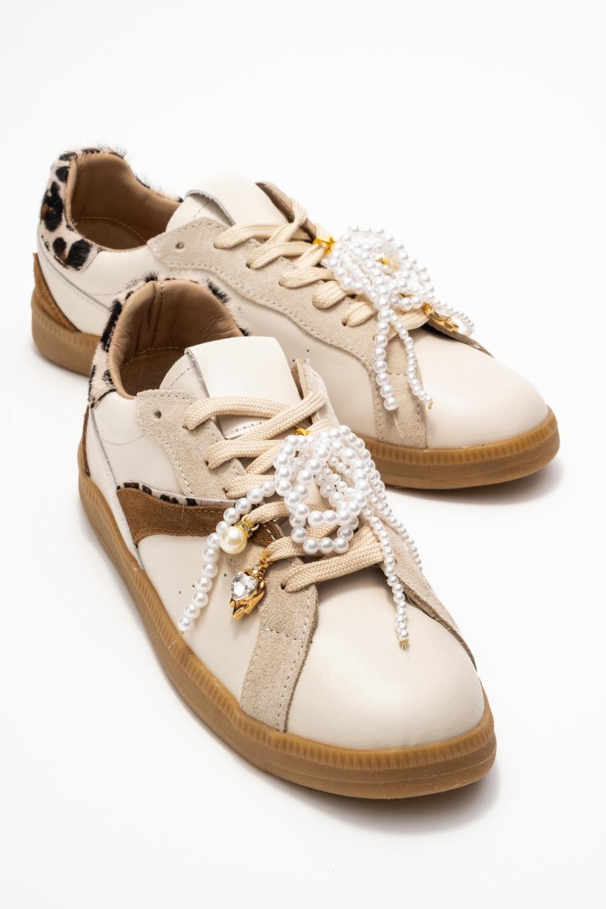 Taren Leather Pearl Buckle Sneakers, Alternate, color, Beige Leather