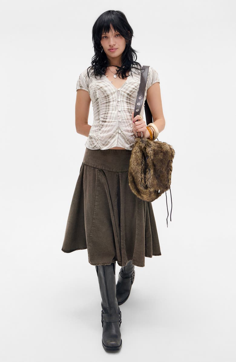 BDG Urban Outfitters Nadine Stripe Ruched Seam Button-Up Top, Alternate, color, Brown Stripe