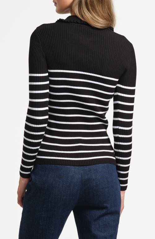 Isaac Mizrahi New York Stripe Ruffle Rib Polo Sweater In Black