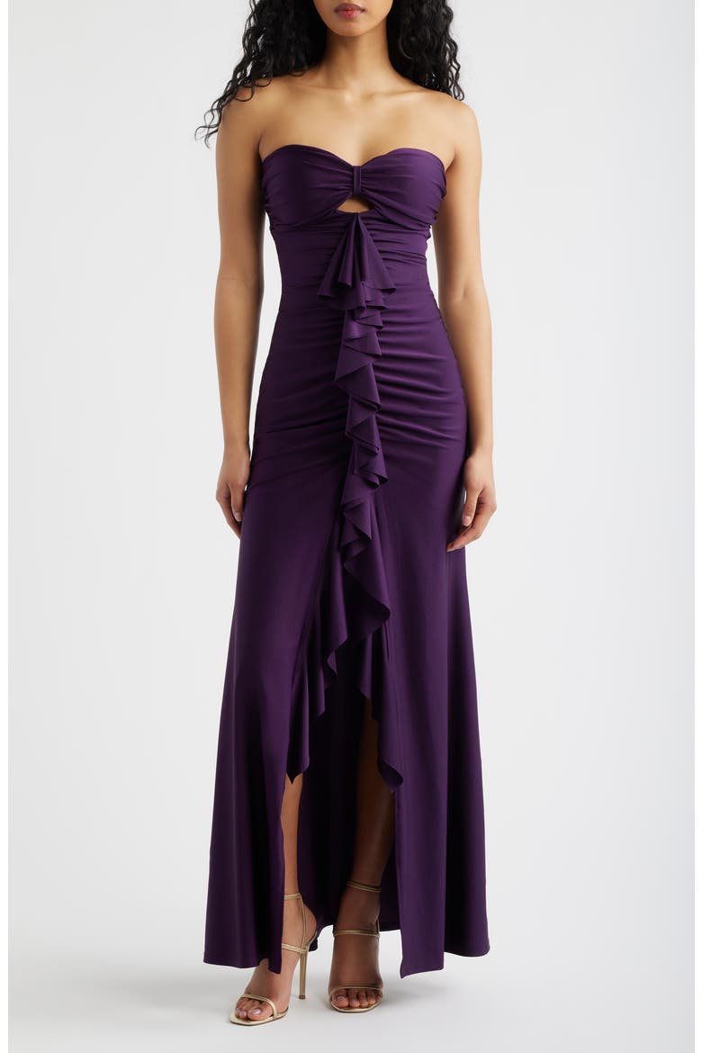 Strapless Ruffle Sateen Gown, Main, color, EGGPLANT