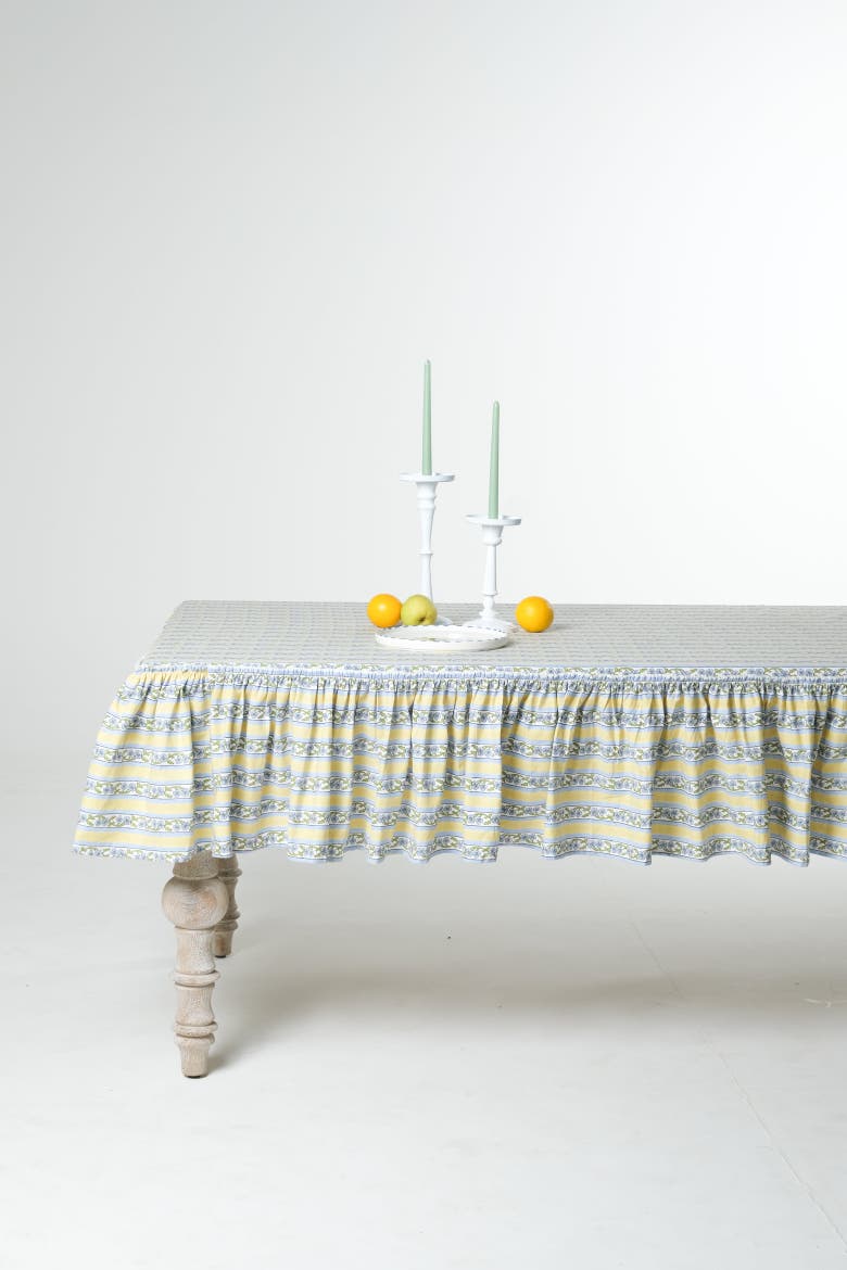 Provence Ruffled Blockprint Tablecloth in Butter Yellow, Alternate, color, Butter Yellow - 60x90