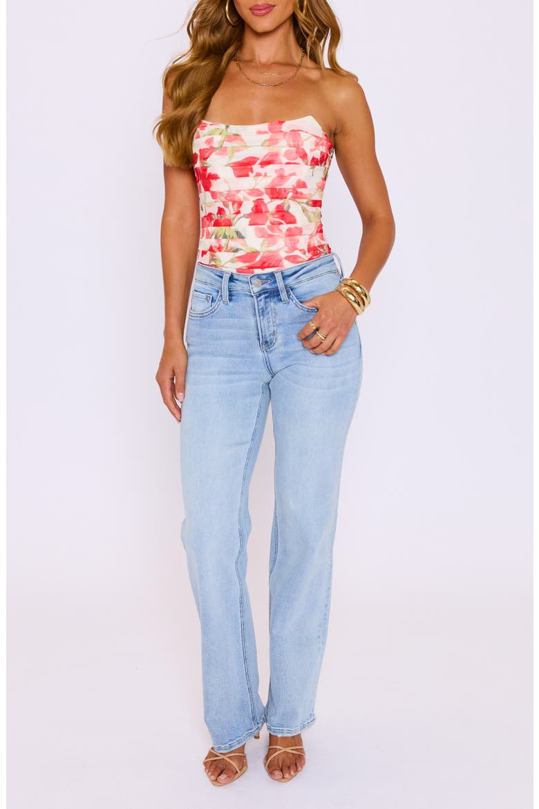 Elise Ruched Floral Print Strapless Top, Alternate, color, CREAM/ RED