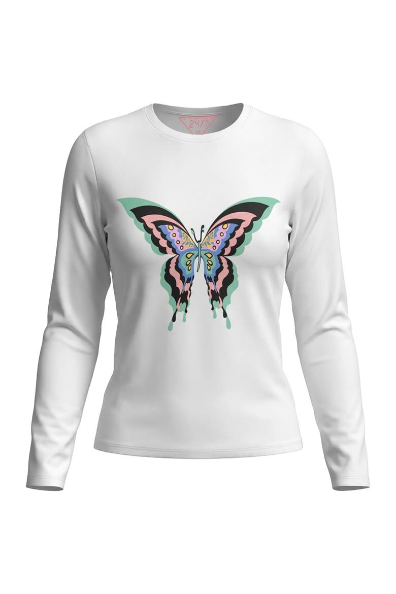 Butterfly Graphic Long Sleeve Cotton Blend Tee, Main, color, White