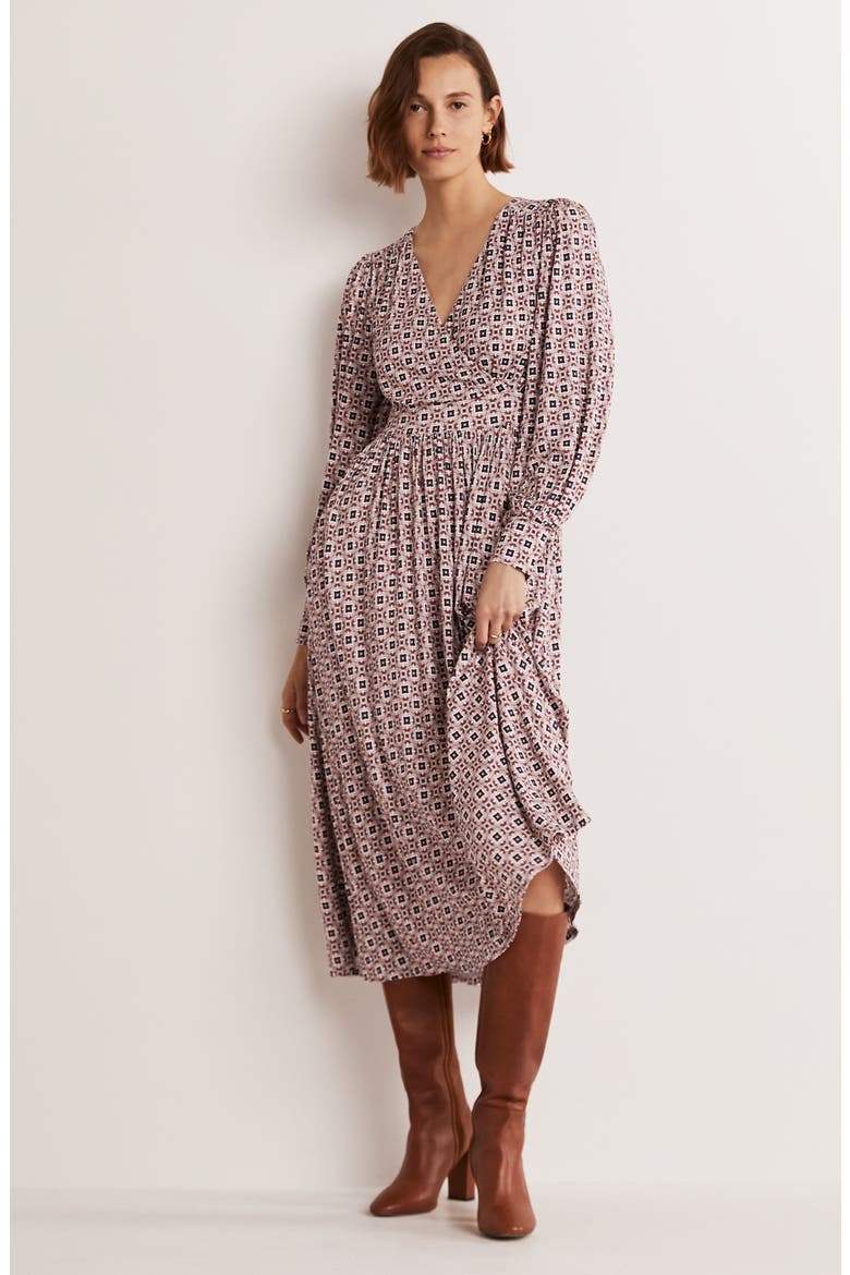 Print Long Sleeve Faux Wrap Midi Dress, Alternate, color, ALMOND PINK SQUARE