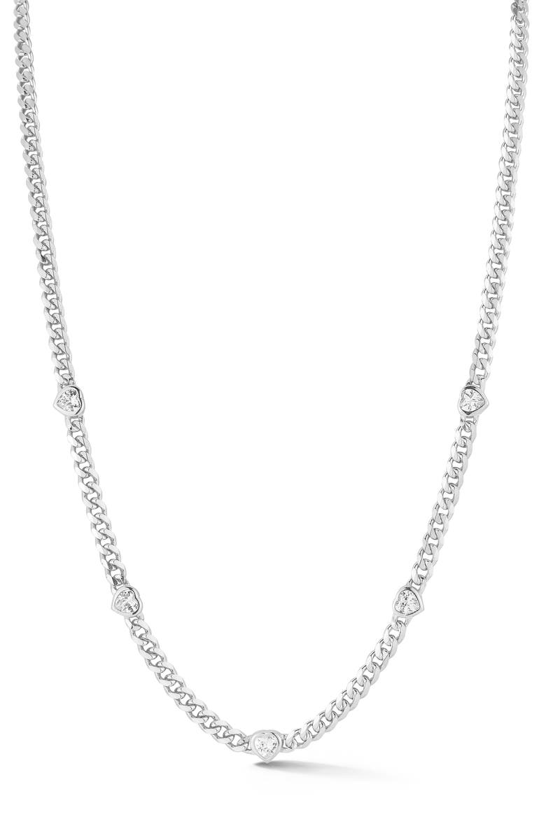 Cubic Zirconia Heart Station Curb Chain Necklace, Main, color, SILVER/WHITE