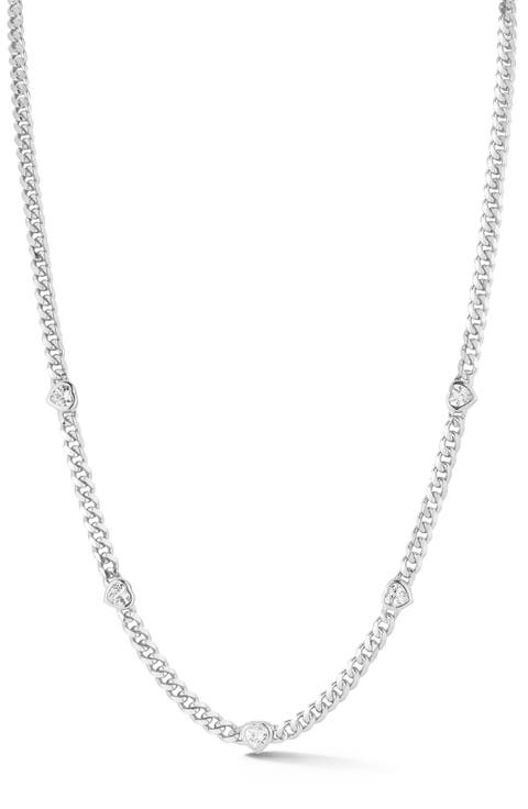 Cubic Zirconia Heart Station Curb Chain Necklace