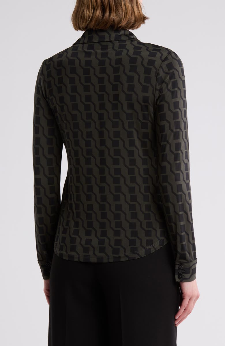 T Tahari Print Long Sleeve Knit Button-Up Shirt, Alternate, color, Olive / Black Geo Squares
