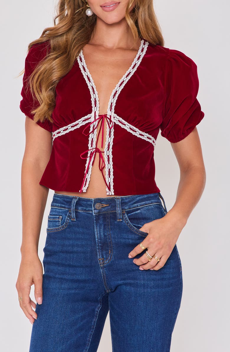 VICI Collection Pretty Please Velvet Tie Front Top, Alternate, color, Burgundy