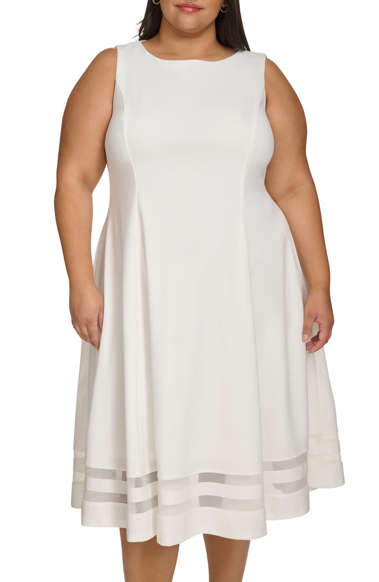Calvin Klein Mesh Panel Fit & Flare Midi Dress, Alternate, color, Cream