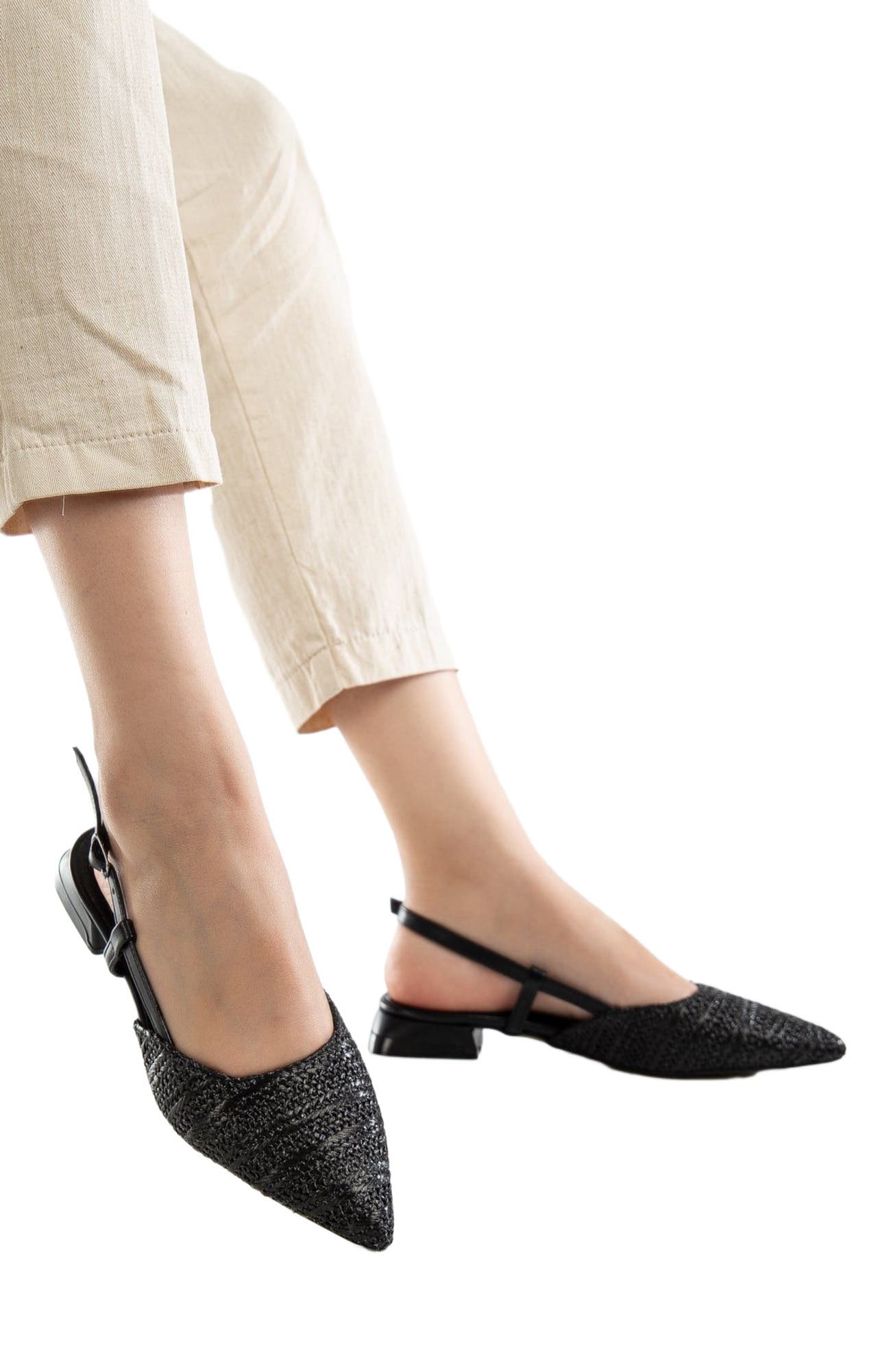 Prologue Shoes Riley Woven Slingback Flats, Alternate, color, Black Faux Leather