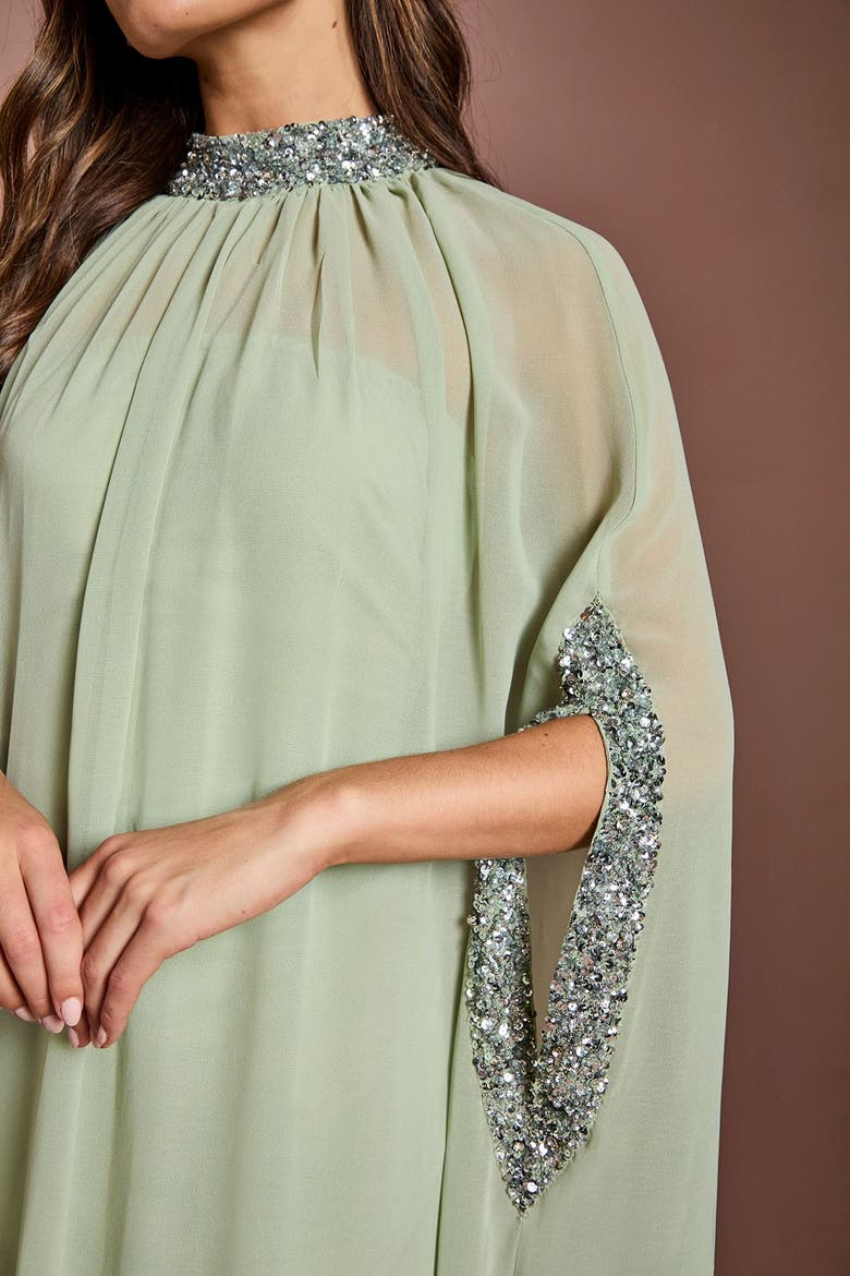Chiffon Cape Style Sequin Maxi Dress, Alternate, color, Sage