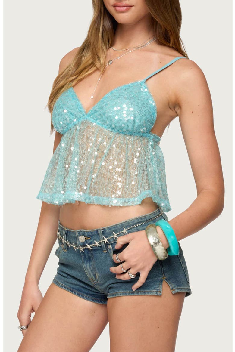 Sequin Sheer Crop Camisole, Alternate, color, TURQUOISE