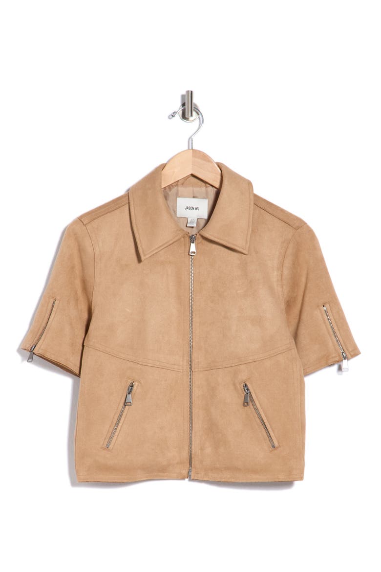 Faux Suede Short Sleeve Jacket, Alternate, color, TAN