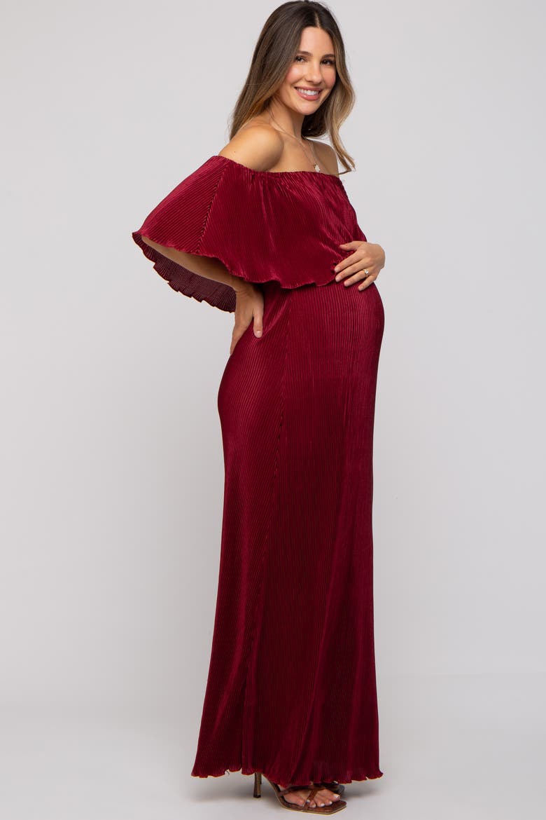 Pleated Ruffle Off Shoulder Maxi Dress, Alternate, color, Burgundy