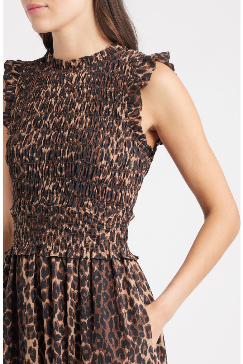 Vivier Leopard Print Smocked Midi Dress, Alternate, color, BROWN NALA
