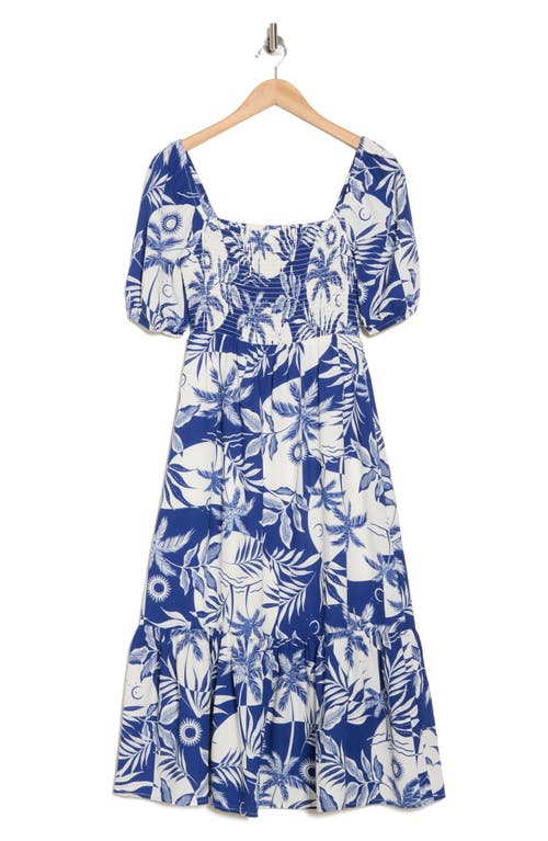 Melrose And Market Smocked Puff Sleeve Midi Dress In Blue- Ivory Belle Floral