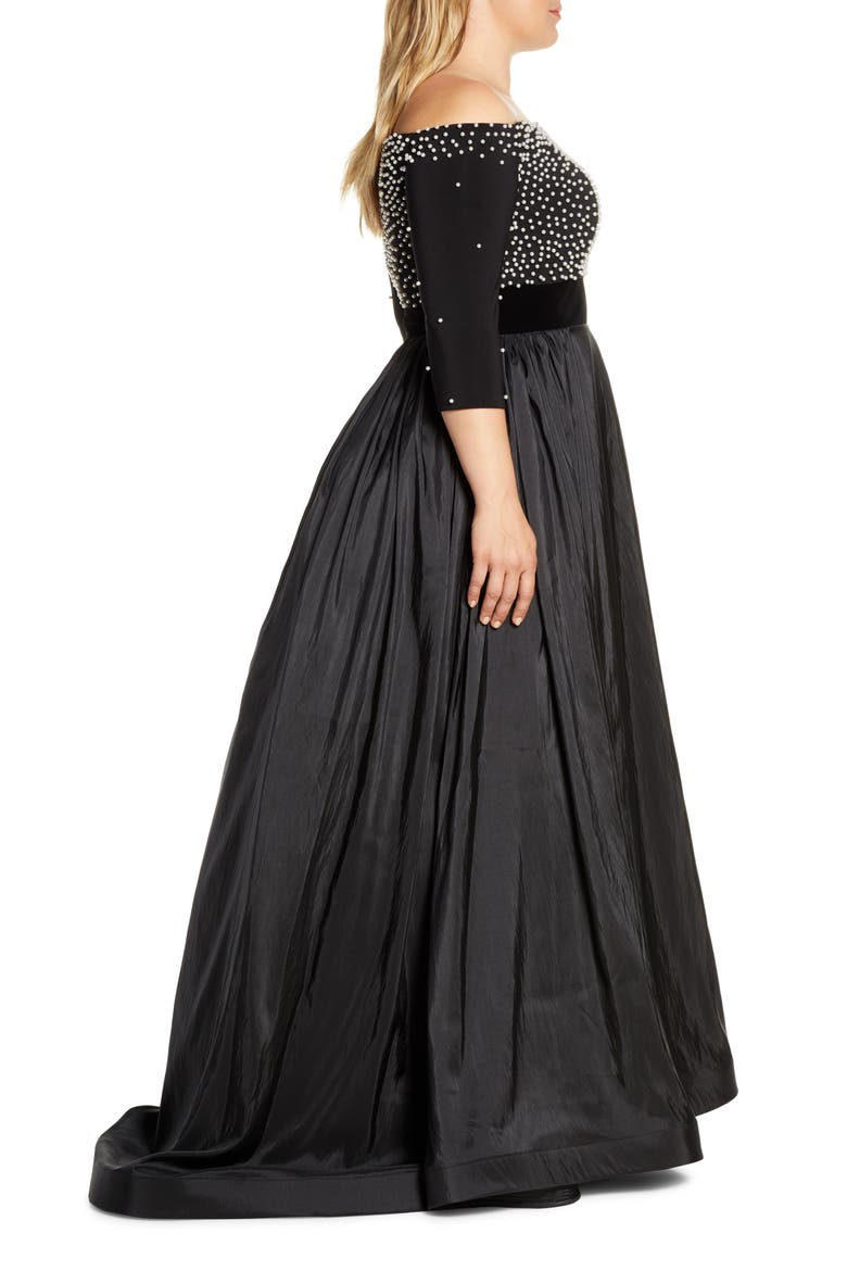 Imitation Pearl Beaded Off the Shoulder Ballgown, Alternate, color, BLACK